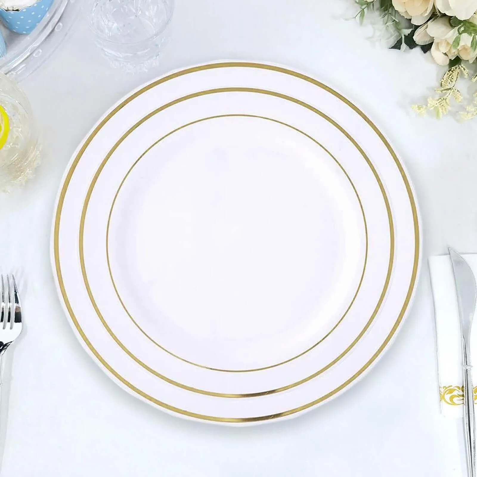 10 Pack 8" Très Chic Gold Rim White Disposable Salad Plates, Plastic Dessert Appetizer Plates