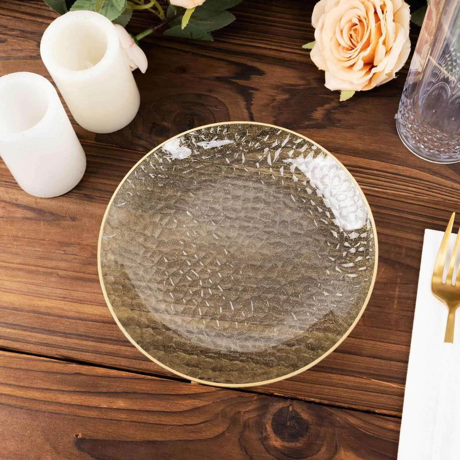 10 Pack Gold Glitter Clear Hammered Disposable Salad Plates, 7" Round Disposable Appetizer Dessert Plates With Gold Rim