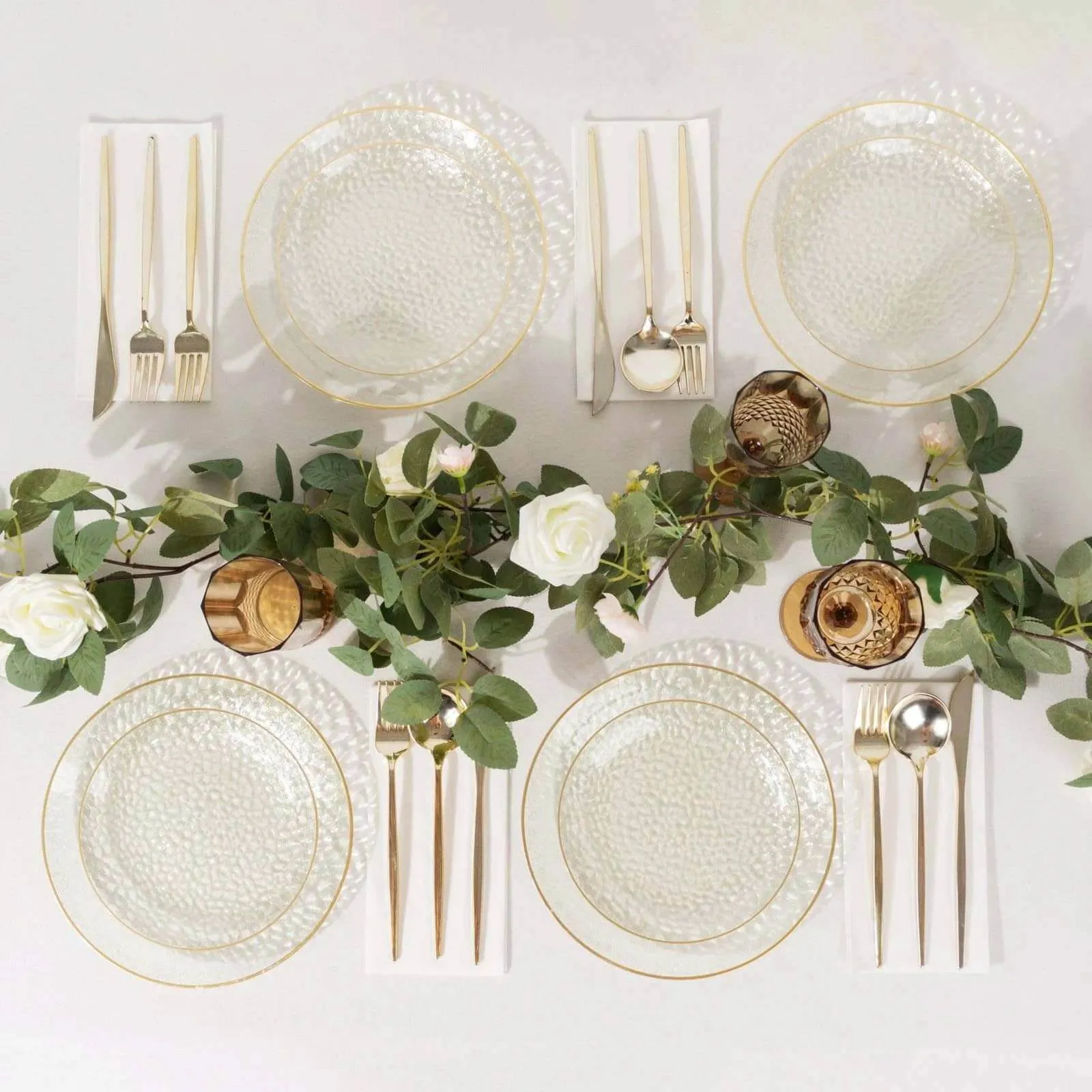 10 Pack Gold Glitter Clear Hammered Disposable Salad Plates, 7" Round Disposable Appetizer Dessert Plates With Gold Rim