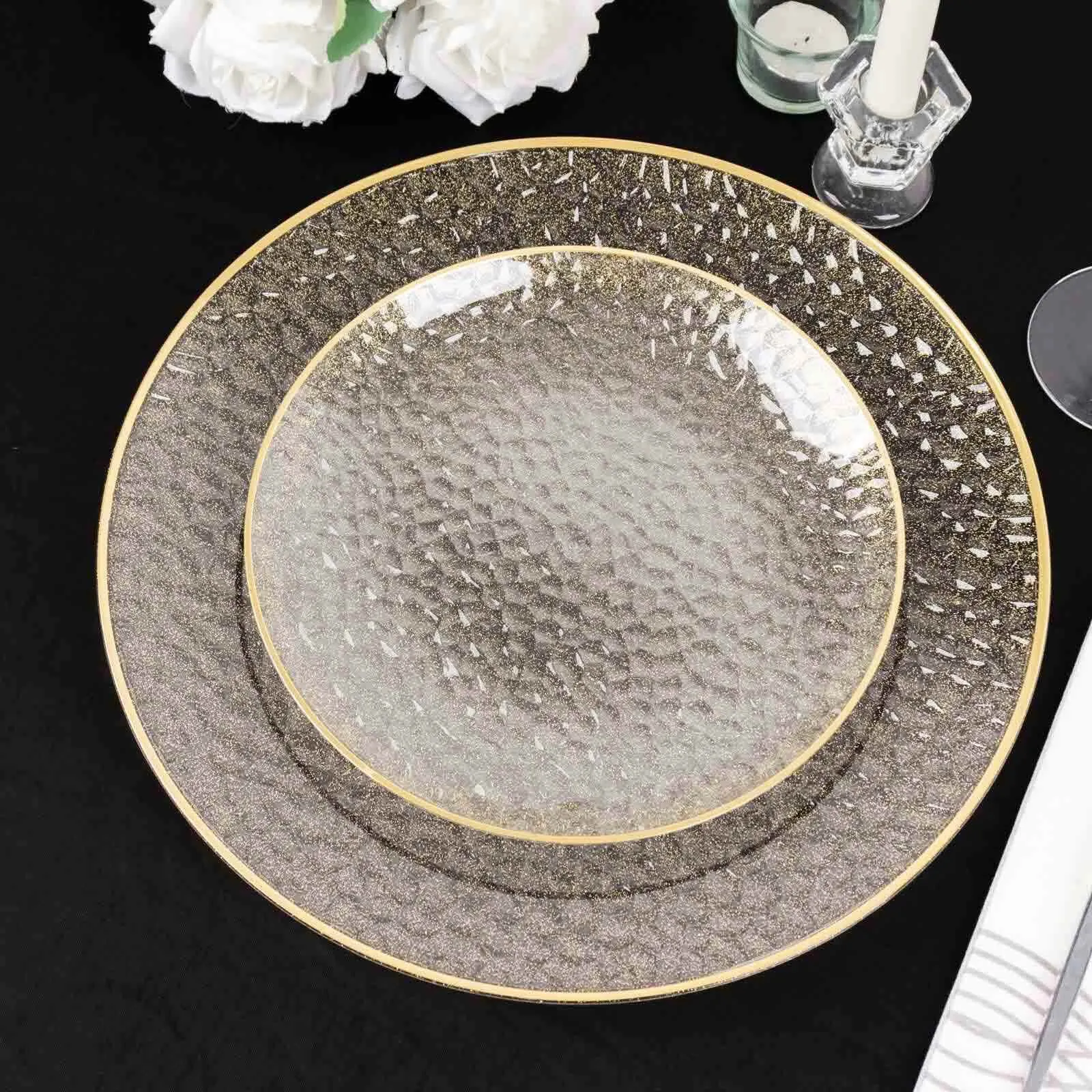 10 Pack Gold Glitter Clear Hammered Disposable Salad Plates, 7" Round Disposable Appetizer Dessert Plates With Gold Rim