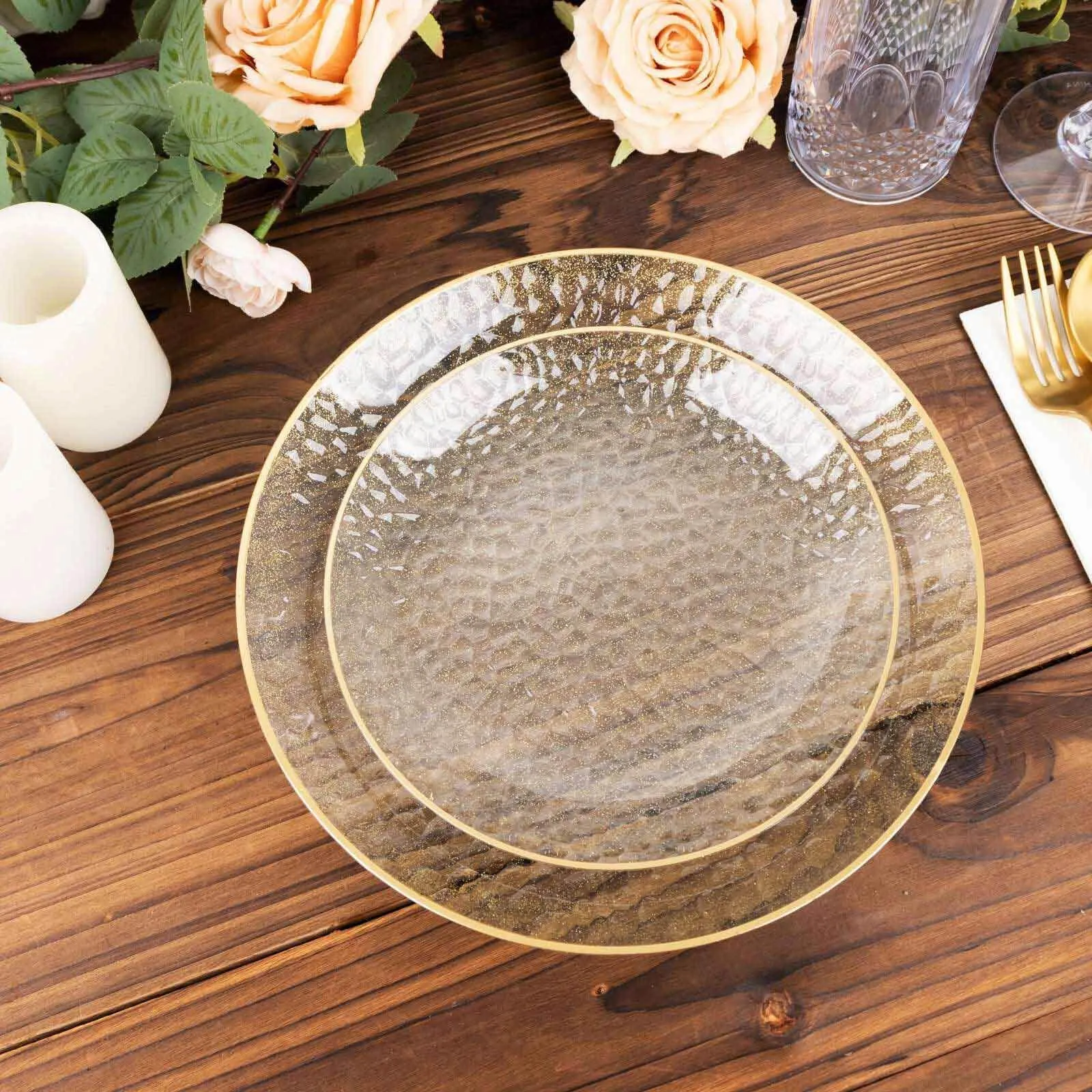 10 Pack Gold Glitter Clear Hammered Disposable Salad Plates, 7" Round Disposable Appetizer Dessert Plates With Gold Rim