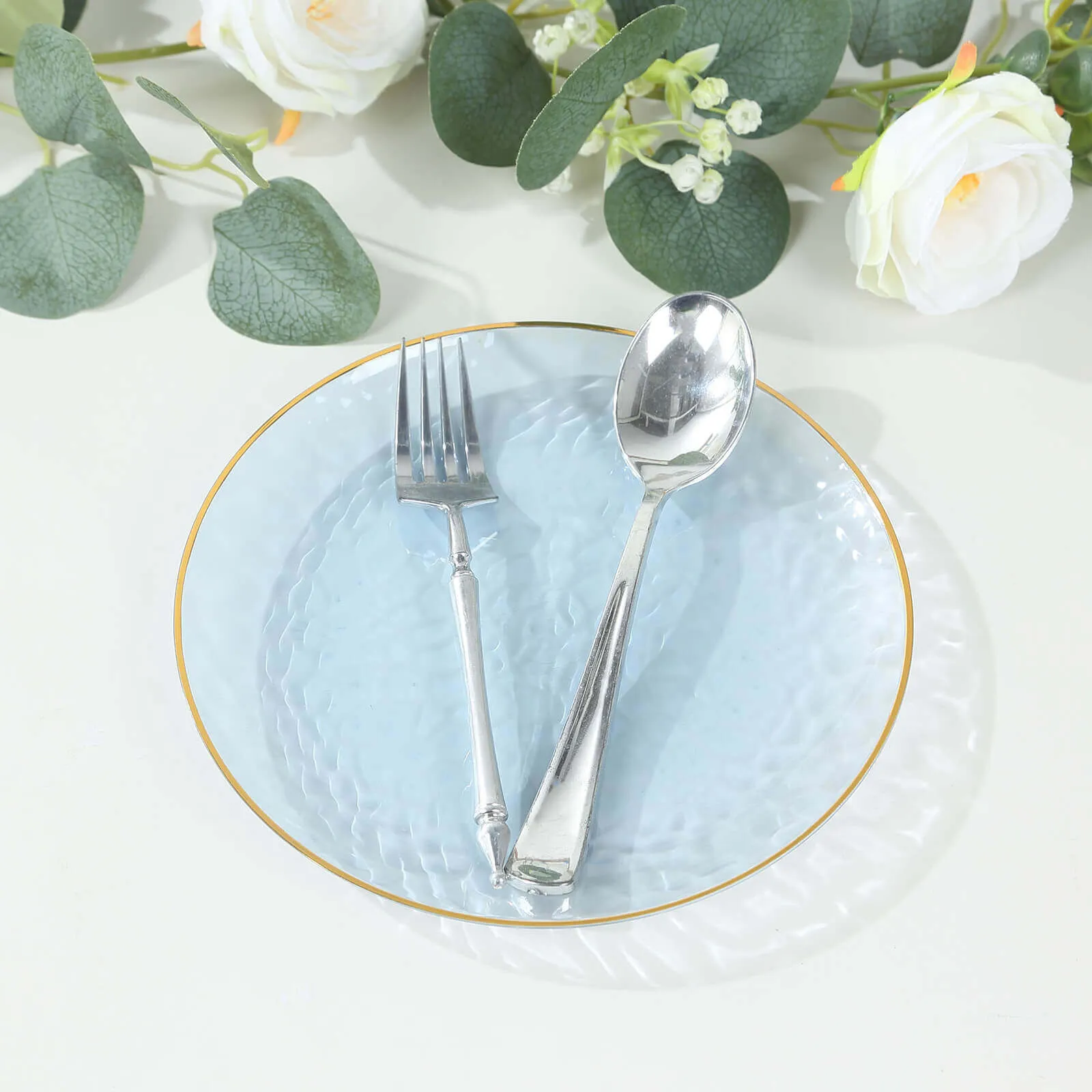 10 Pack Transparent Dusty Blue Hammered Plastic Salad Plates with Gold Rim, 7" Round Disposable Appetizer Dessert Plates