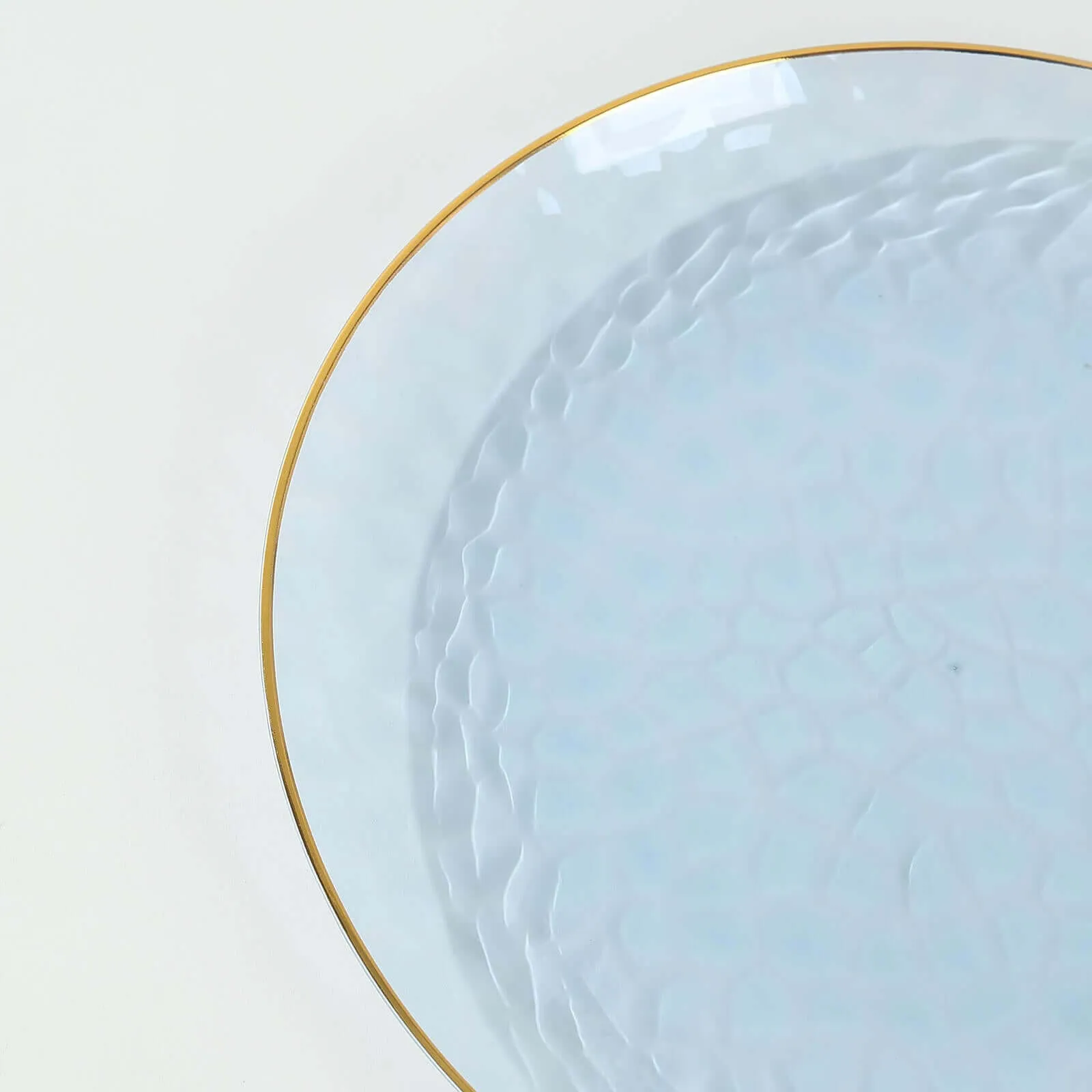 10 Pack Transparent Dusty Blue Hammered Plastic Salad Plates with Gold Rim, 7" Round Disposable Appetizer Dessert Plates