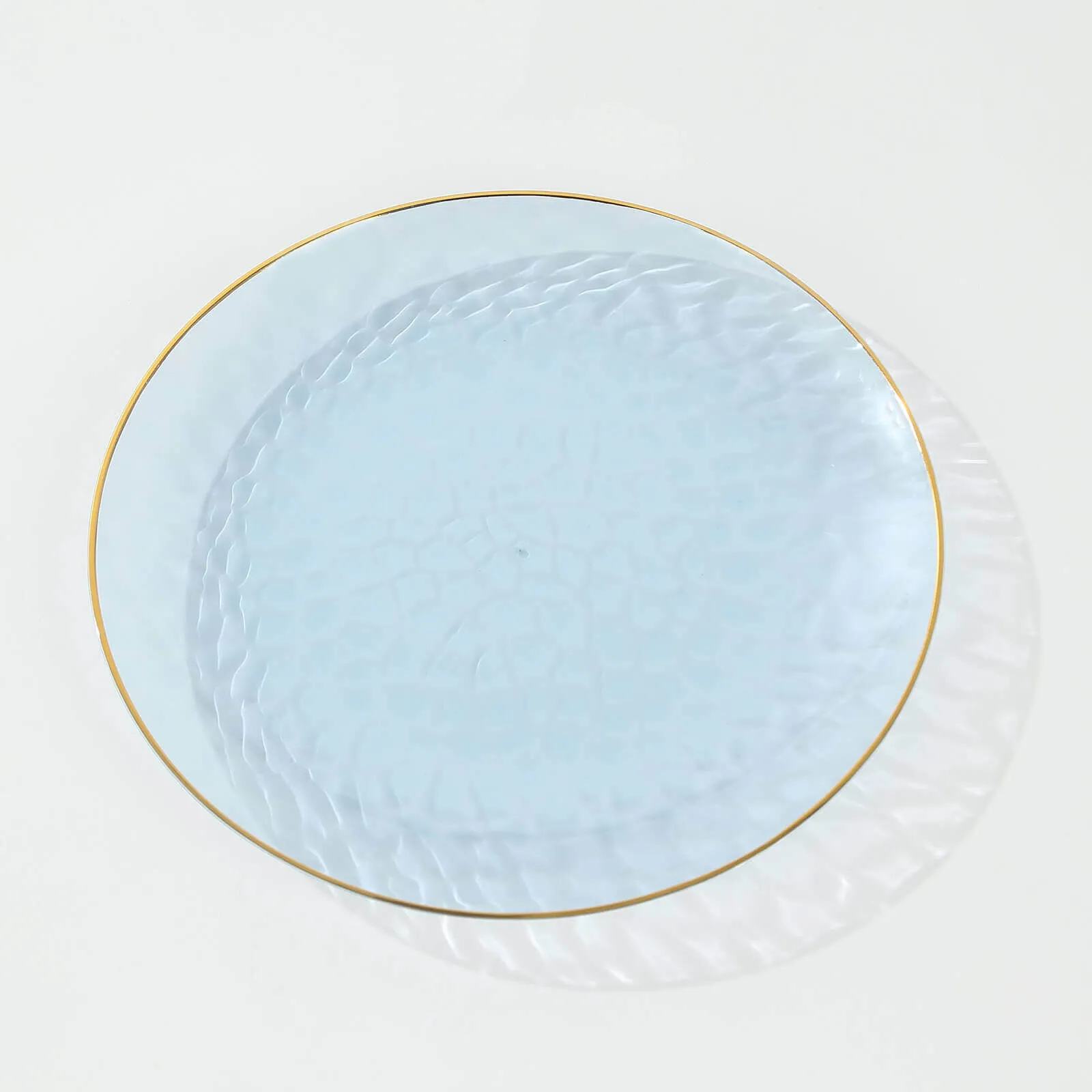 10 Pack Transparent Dusty Blue Hammered Plastic Salad Plates with Gold Rim, 7" Round Disposable Appetizer Dessert Plates