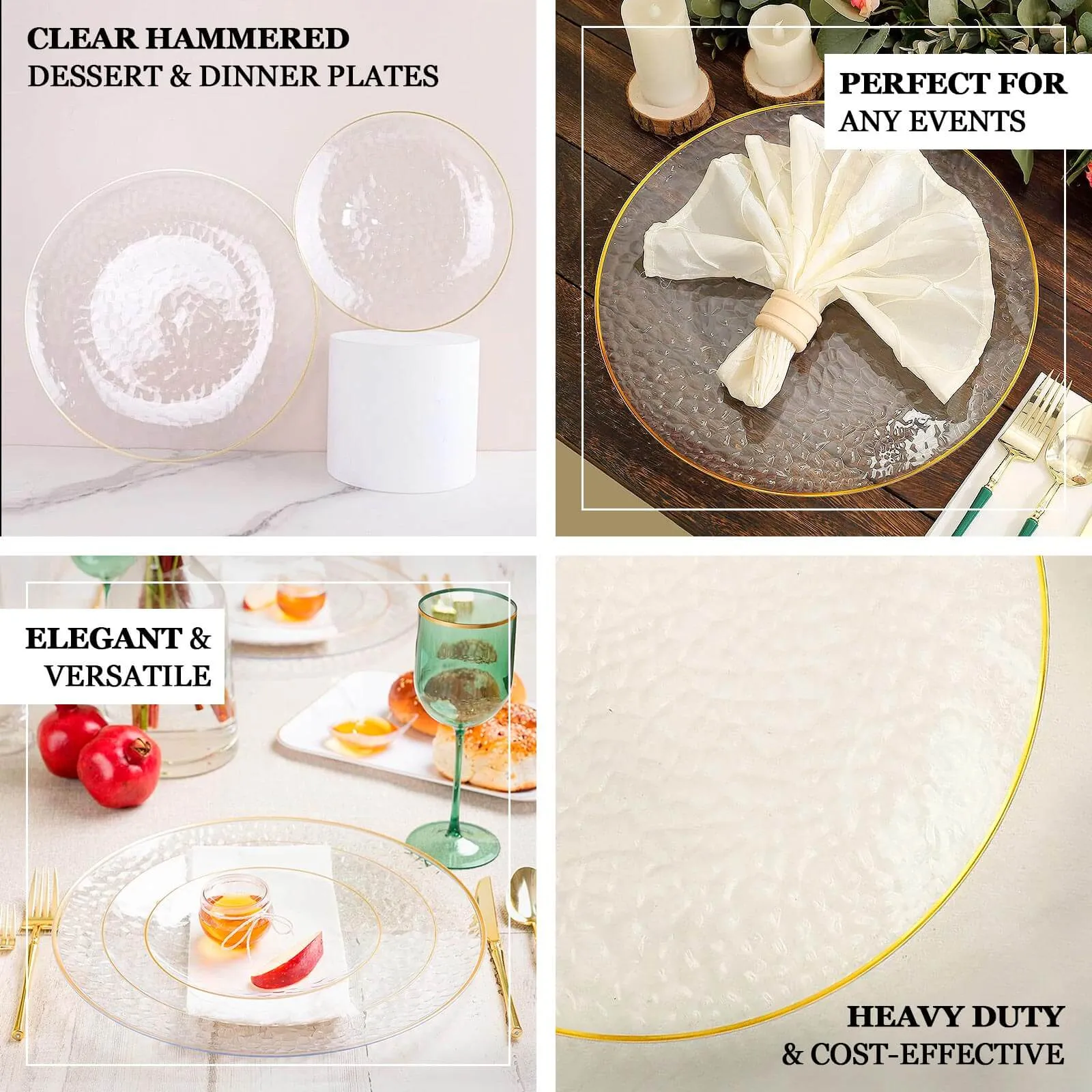 10 Pack Transparent Dusty Blue Hammered Plastic Salad Plates with Gold Rim, 7" Round Disposable Appetizer Dessert Plates