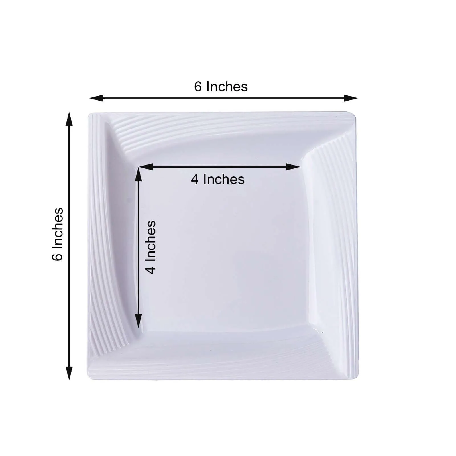 10 Pack White 6" Square Geometric Ridge Trim Plastic Salad Plates, Disposable Appetizer Plates