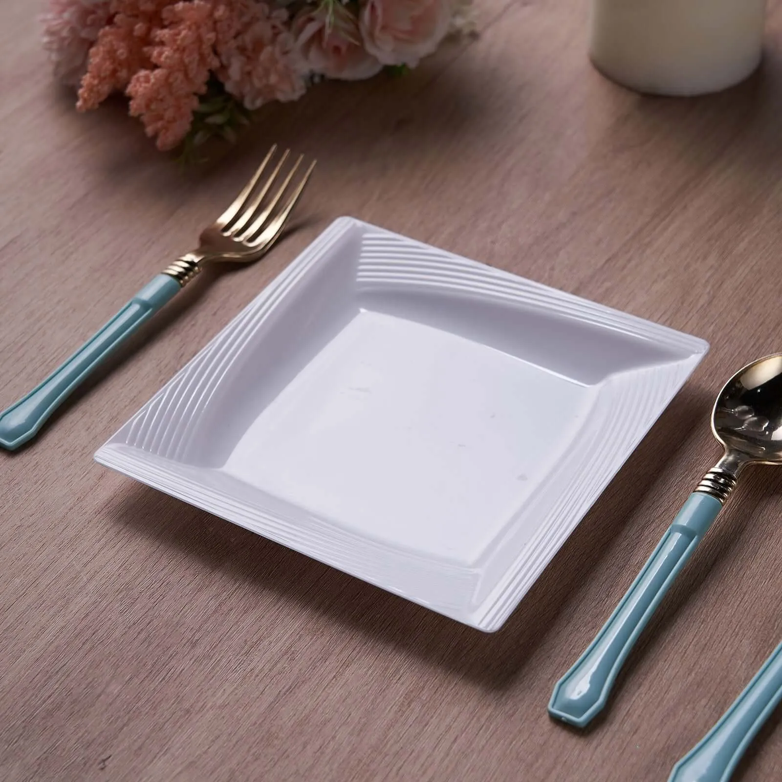 10 Pack White 6" Square Geometric Ridge Trim Plastic Salad Plates, Disposable Appetizer Plates