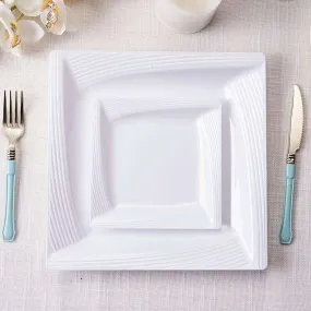 10 Pack White 6" Square Geometric Ridge Trim Plastic Salad Plates, Disposable Appetizer Plates