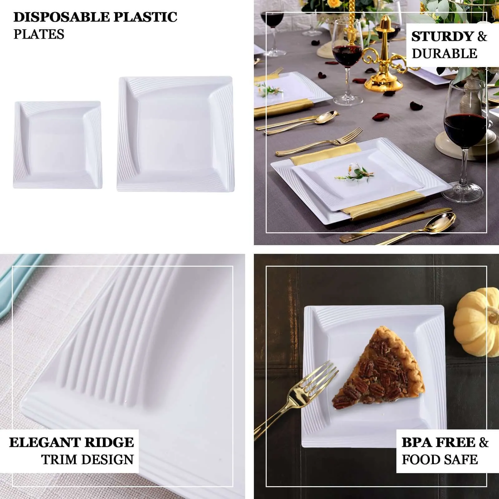 10 Pack White 6" Square Geometric Ridge Trim Plastic Salad Plates, Disposable Appetizer Plates