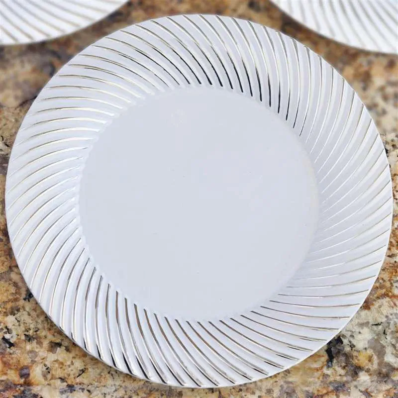 10 Pack White Plastic Party Plates with Silver Swirl Rim, 9" Round Disposable Dinner Plates