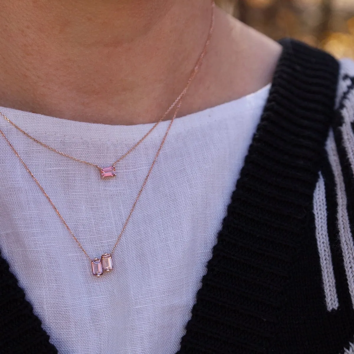 14k Rose Gold Double Morganite Emerald Cut Necklace