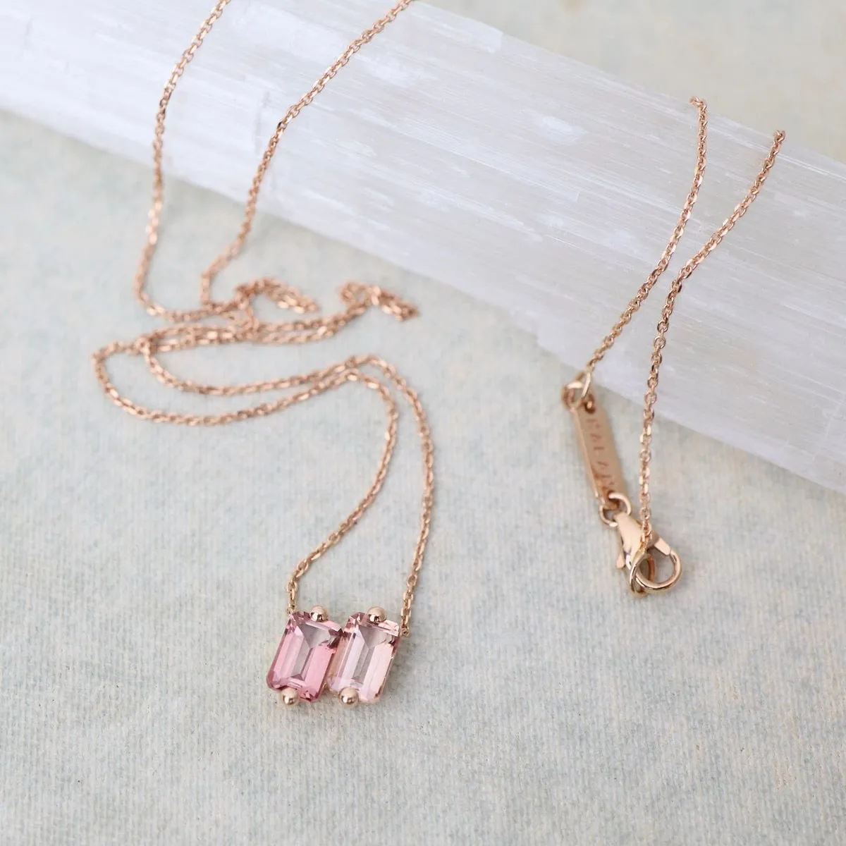 14k Rose Gold Double Morganite Emerald Cut Necklace