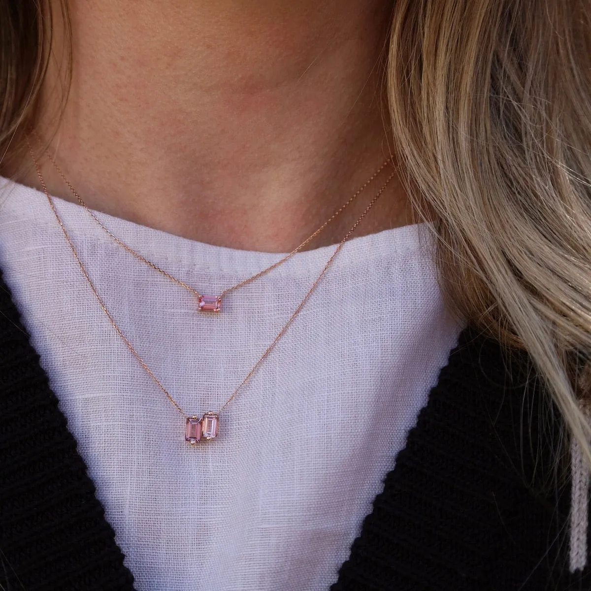 14k Rose Gold Double Morganite Emerald Cut Necklace