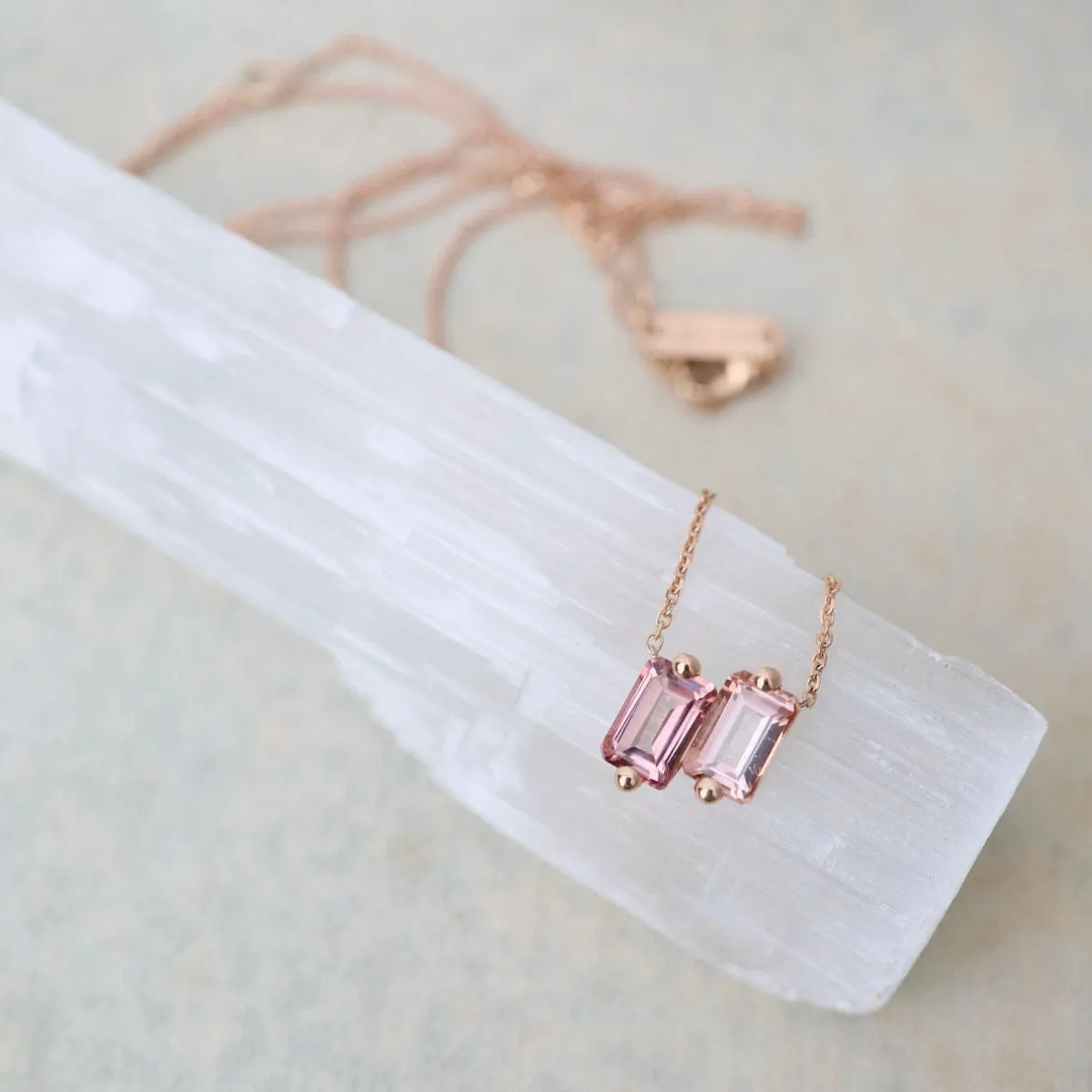 14k Rose Gold Double Morganite Emerald Cut Necklace