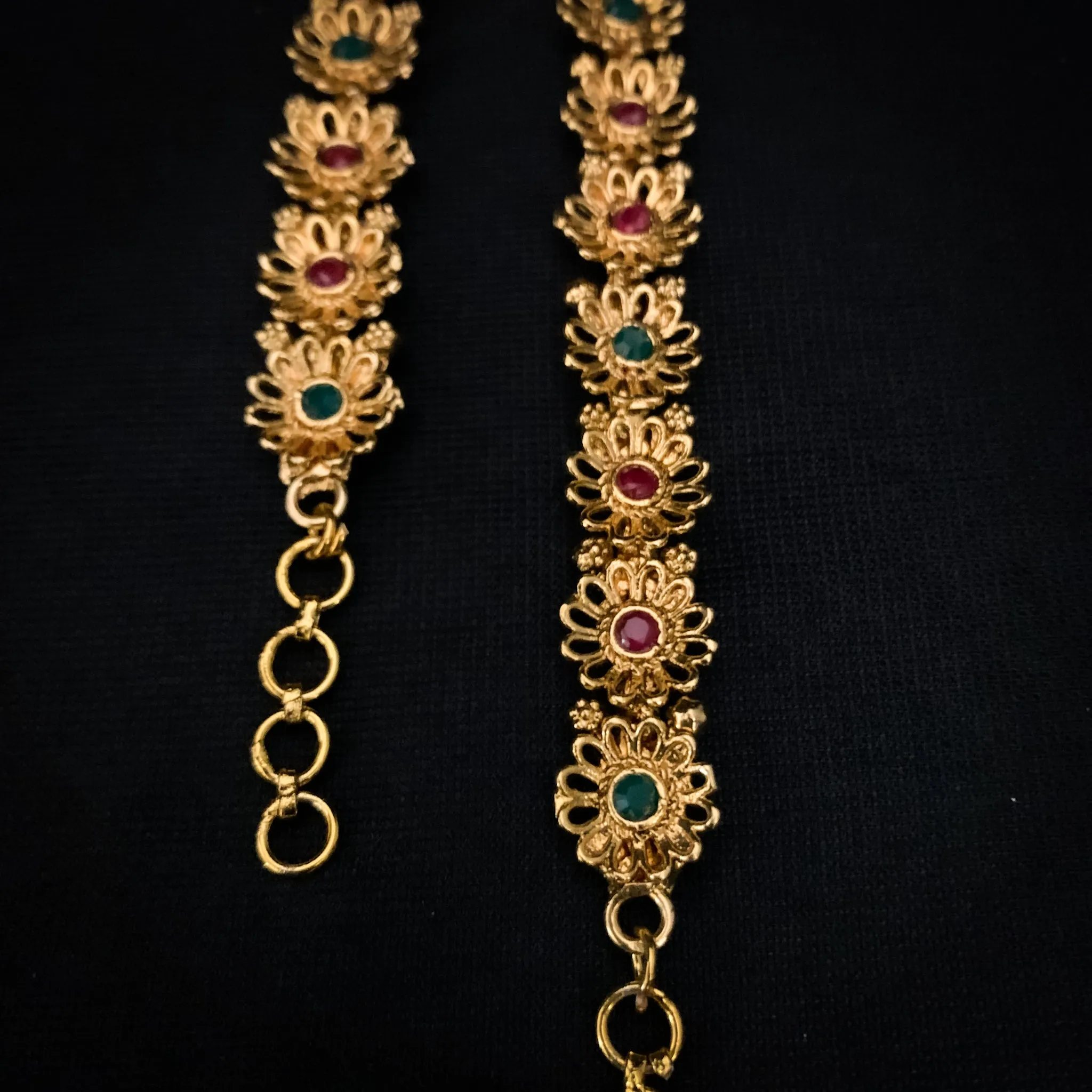 Beautiful Floral work Antique Gold Ear Chain with Red and Green stones