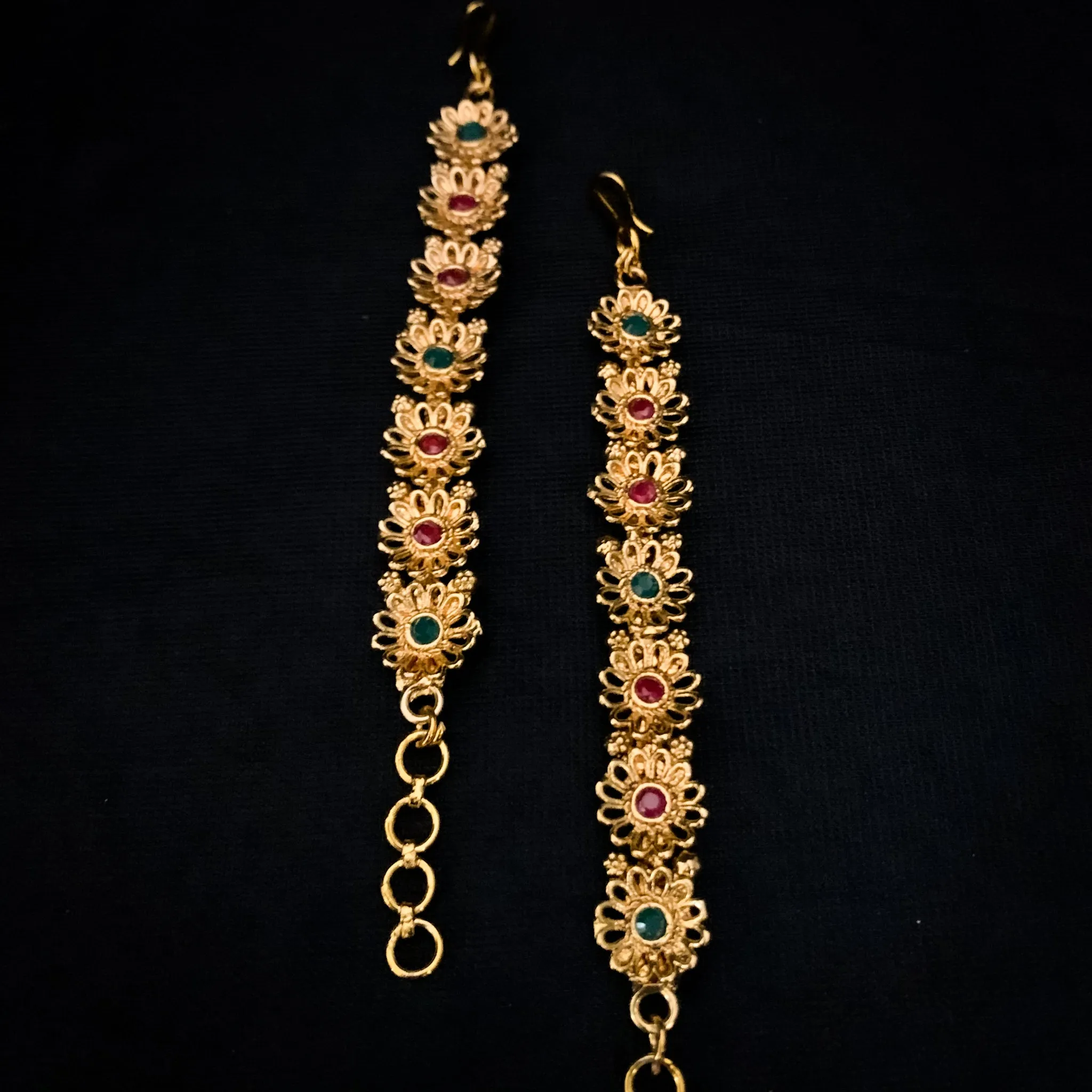 Beautiful Floral work Antique Gold Ear Chain with Red and Green stones