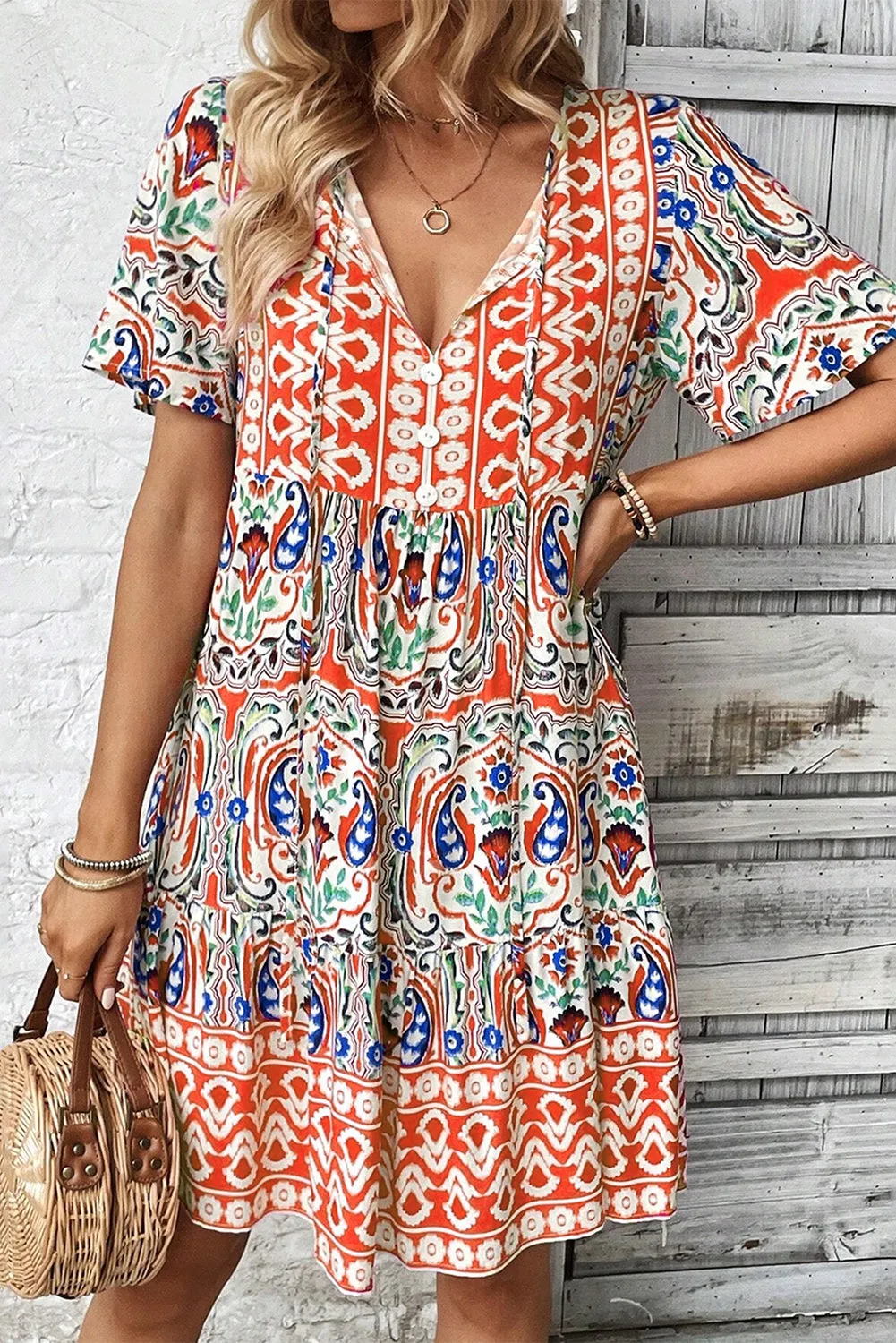 Bohemian Print Tie Neck Ruffle Hem Short Dress