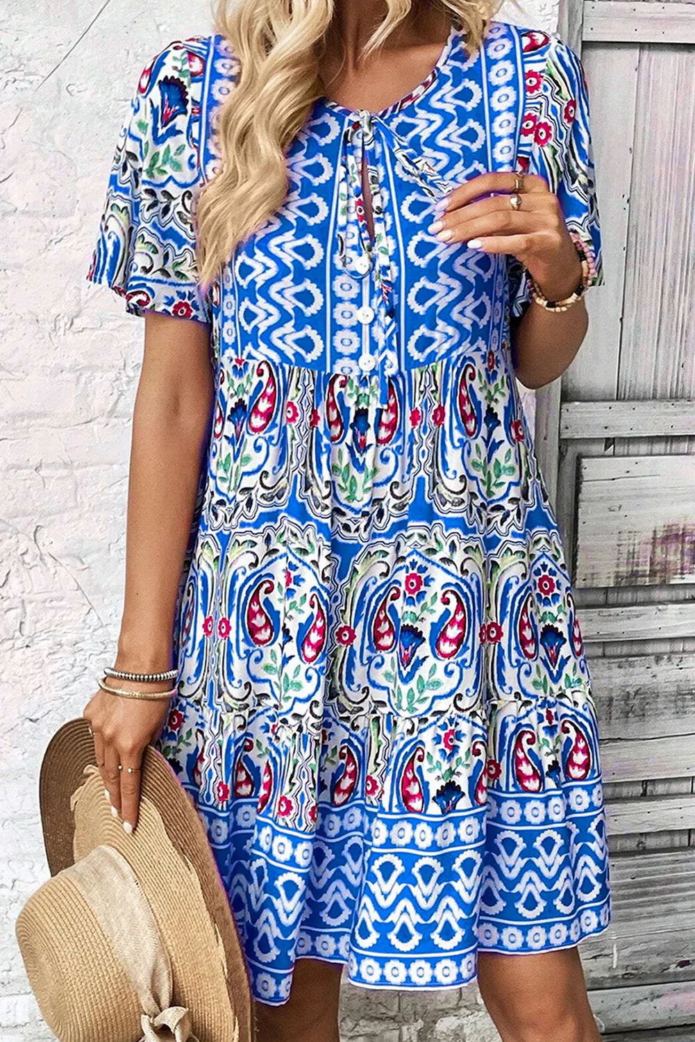 Bohemian Print Tie Neck Ruffle Hem Short Dress