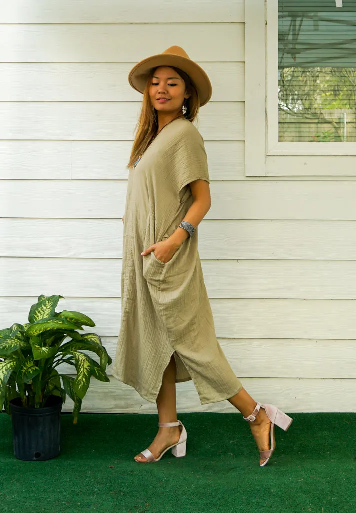 Brown Double Gauzed Muslin Cotton Dress with Pockets