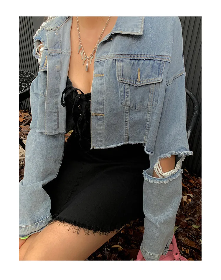 Candy Blue Ripped Long Sleeve Denim Jean Jacket