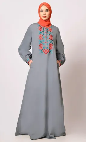 Embroidered Opulence: Grey Abaya with Practical Pockets - Final Sale