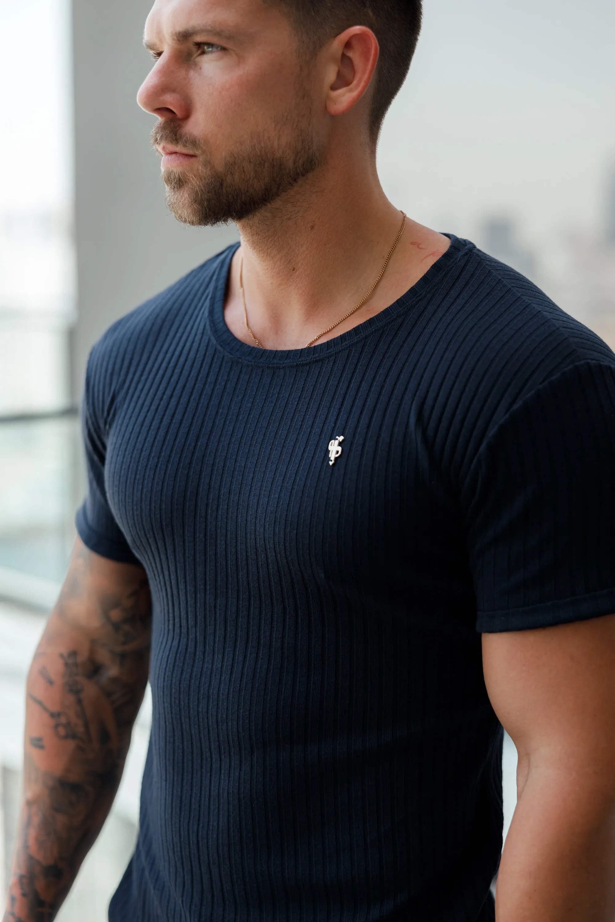 Father Sons Classic Navy / Gold Ribbed Knit Super Slim Short Sleeve Crew - FSH1083