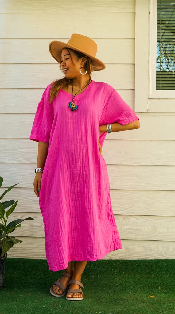 Fuchsia Double Gauze Cotton Dress with Pockets