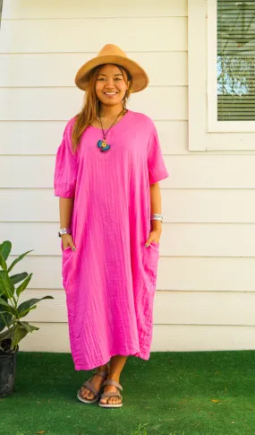 Fuchsia Double Gauze Cotton Dress with Pockets