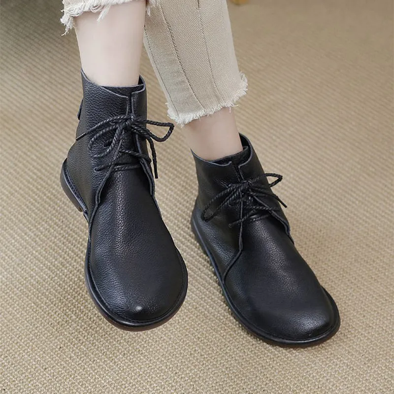 Handmade Women's Leather Barefoot Booties Round Toe Lace-Up Flat Ankle Boots Brown/Black/Coffee