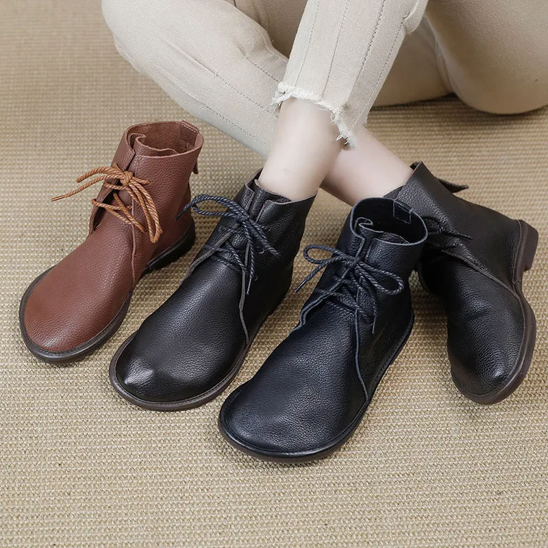 Handmade Women's Leather Barefoot Booties Round Toe Lace-Up Flat Ankle Boots Brown/Black/Coffee