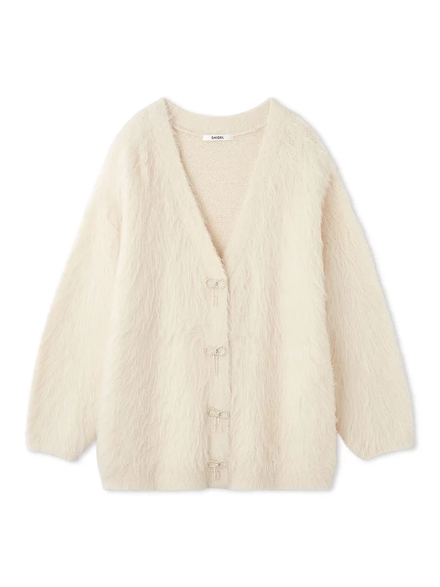 Jeweled Ribbon Fuzzy Knit Cardigan