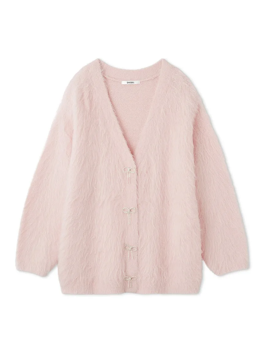 Jeweled Ribbon Fuzzy Knit Cardigan