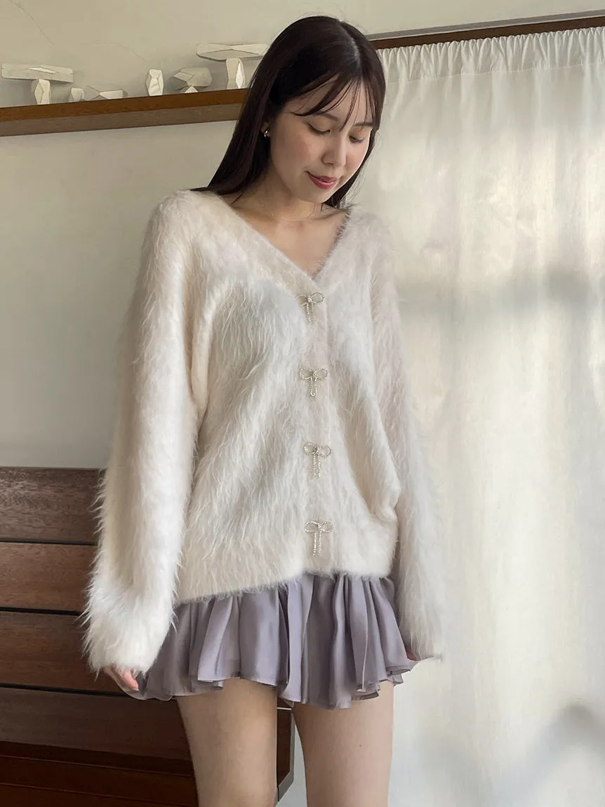 Jeweled Ribbon Fuzzy Knit Cardigan