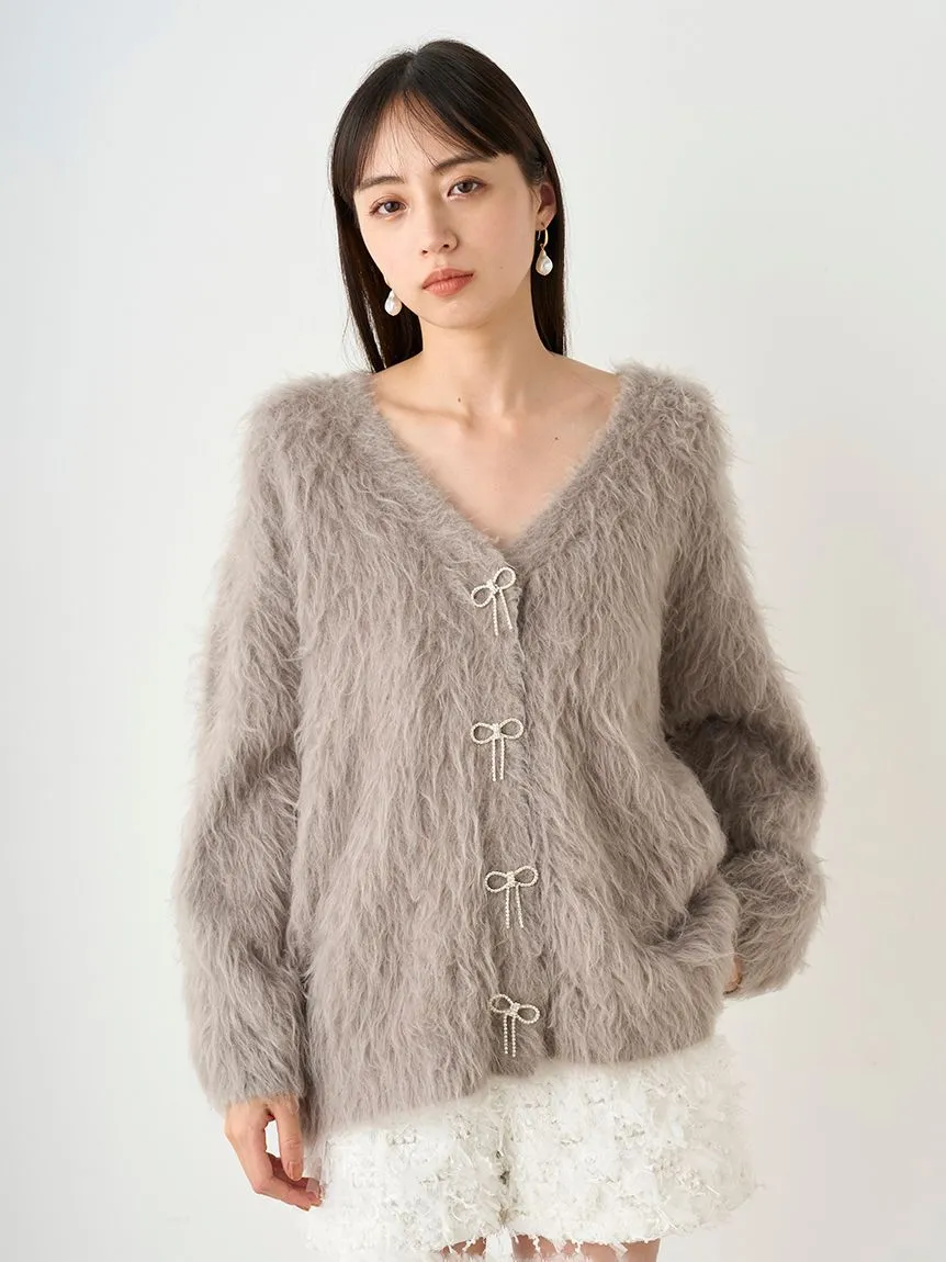 Jeweled Ribbon Fuzzy Knit Cardigan