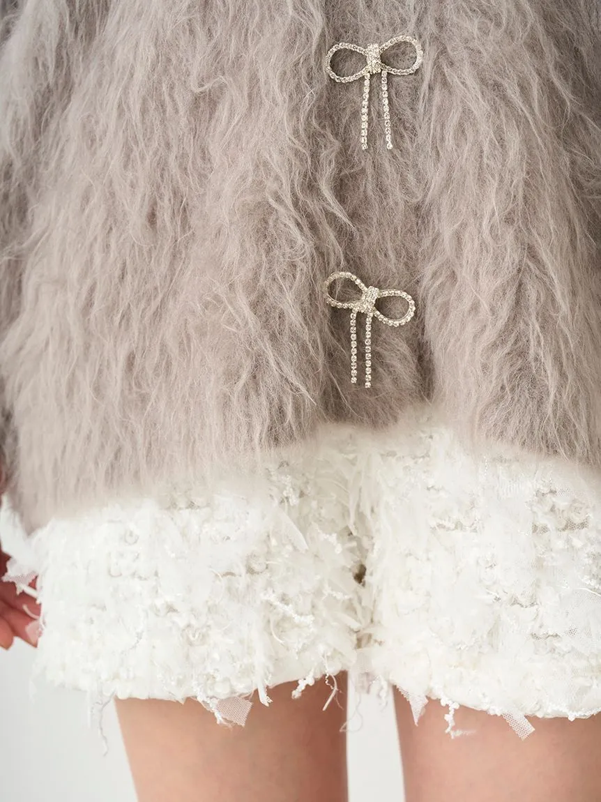 Jeweled Ribbon Fuzzy Knit Cardigan