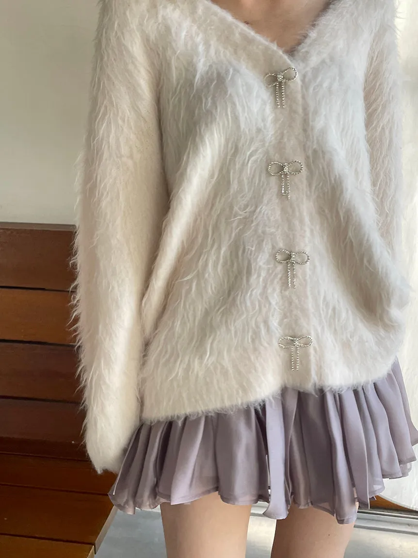 Jeweled Ribbon Fuzzy Knit Cardigan