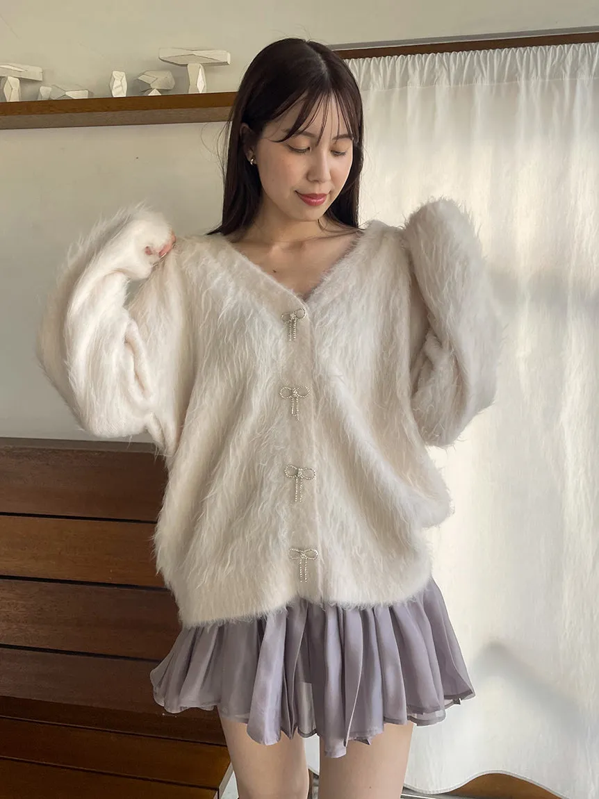 Jeweled Ribbon Fuzzy Knit Cardigan