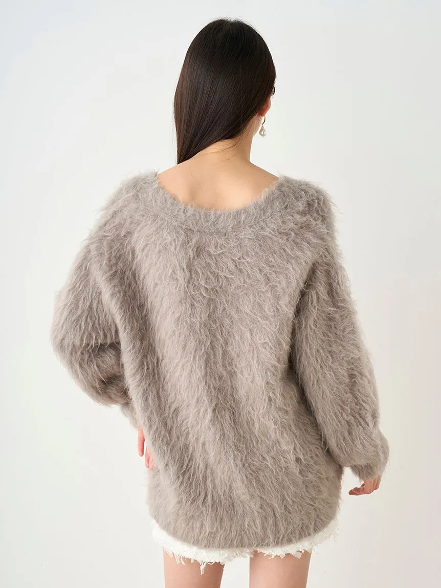 Jeweled Ribbon Fuzzy Knit Cardigan