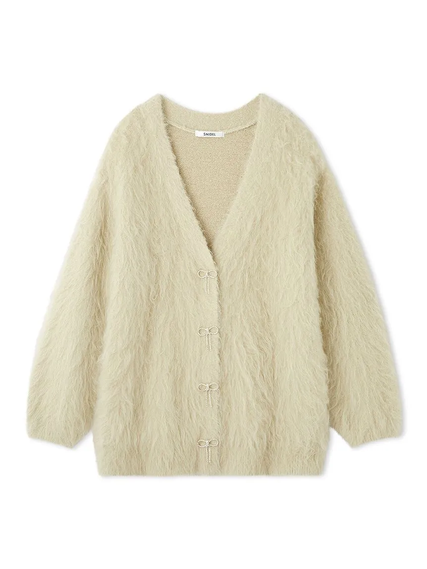 Jeweled Ribbon Fuzzy Knit Cardigan