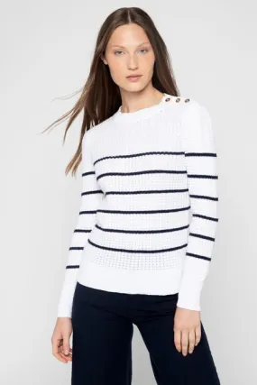 Kinross Cashmere Button Shoulder Stripe Crew