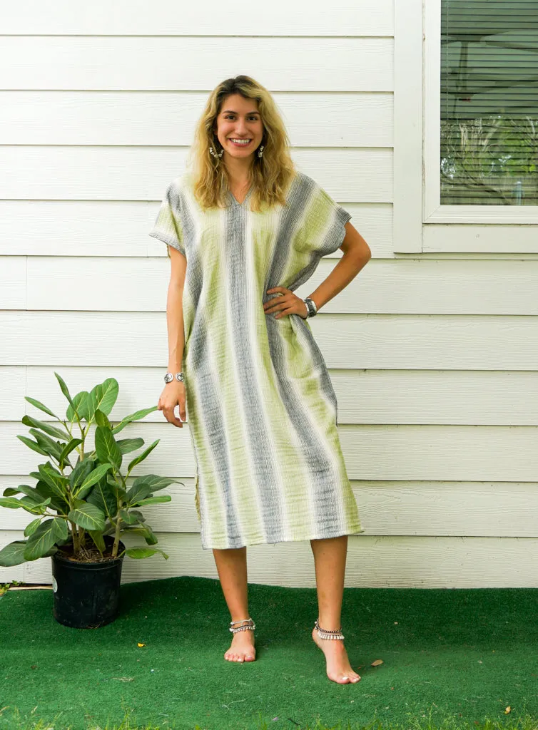 Mint Striped Double Gauze Cotton Dress with Pockets