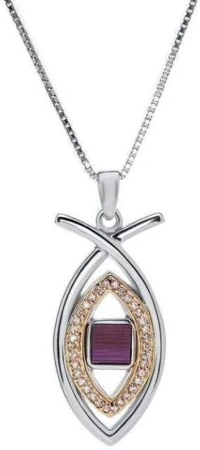 Nano Sim New Testament Silver and 9K Gold Pendant - Ichthys Studded with Zircons