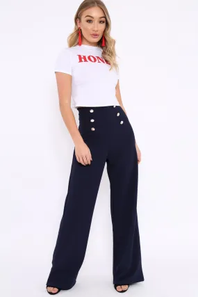 Navy High Waist Button Front Wide Leg Trousers - Juna