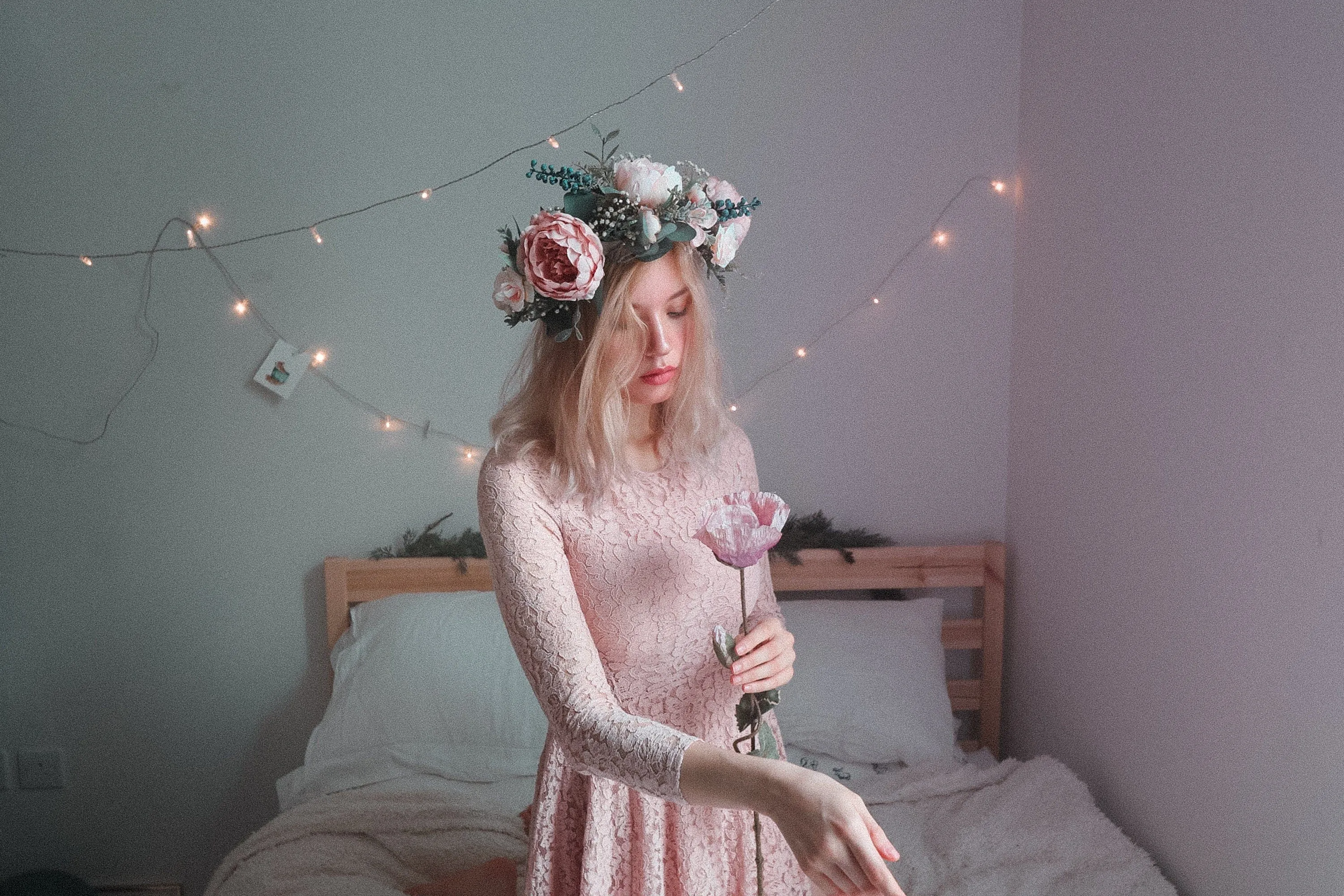 Pink and White Boho Flower Crown / Boho Headpiece / Festival Crown / Bridal Crown with dried gypsophilas and artificial peonies