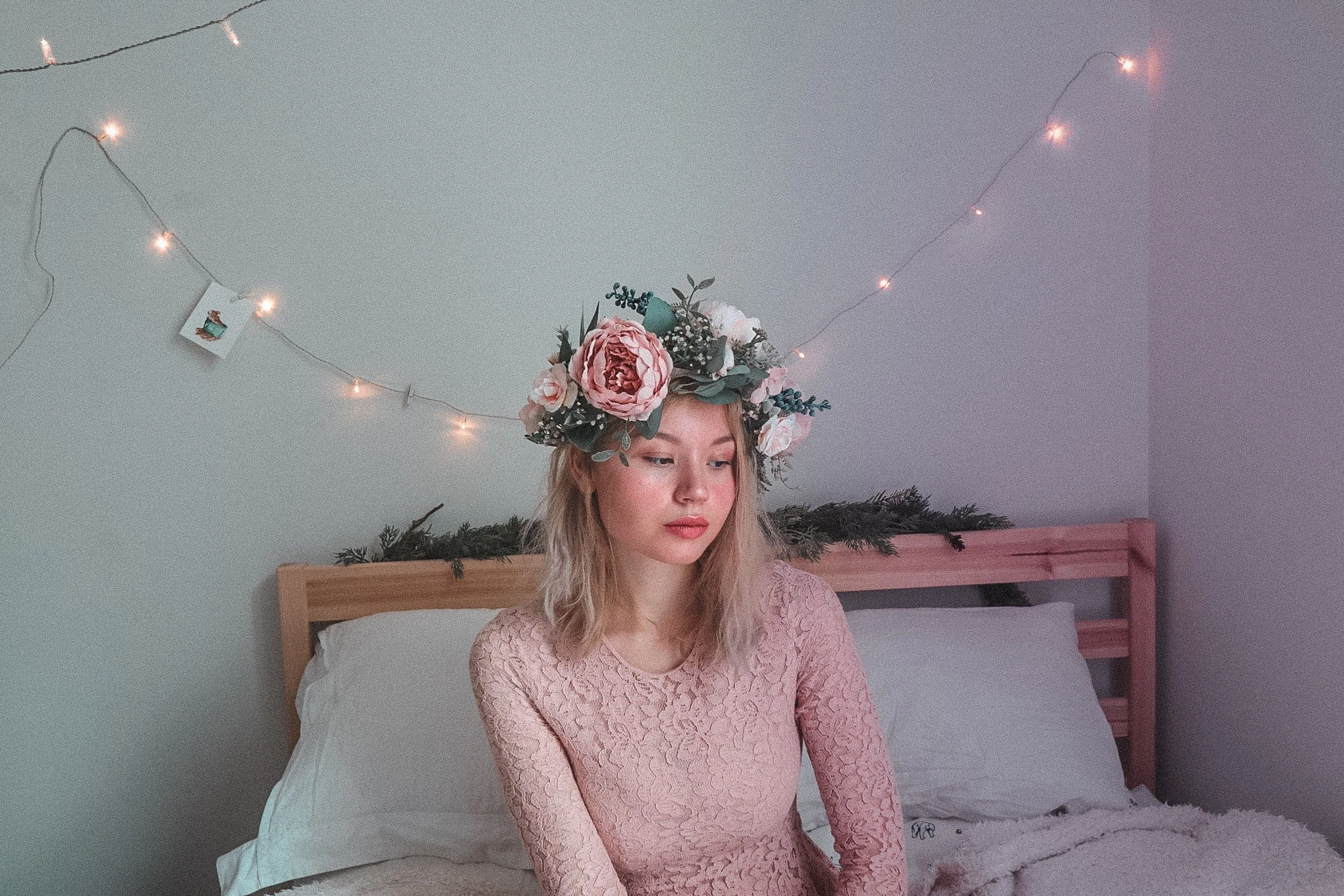 Pink and White Boho Flower Crown / Boho Headpiece / Festival Crown / Bridal Crown with dried gypsophilas and artificial peonies