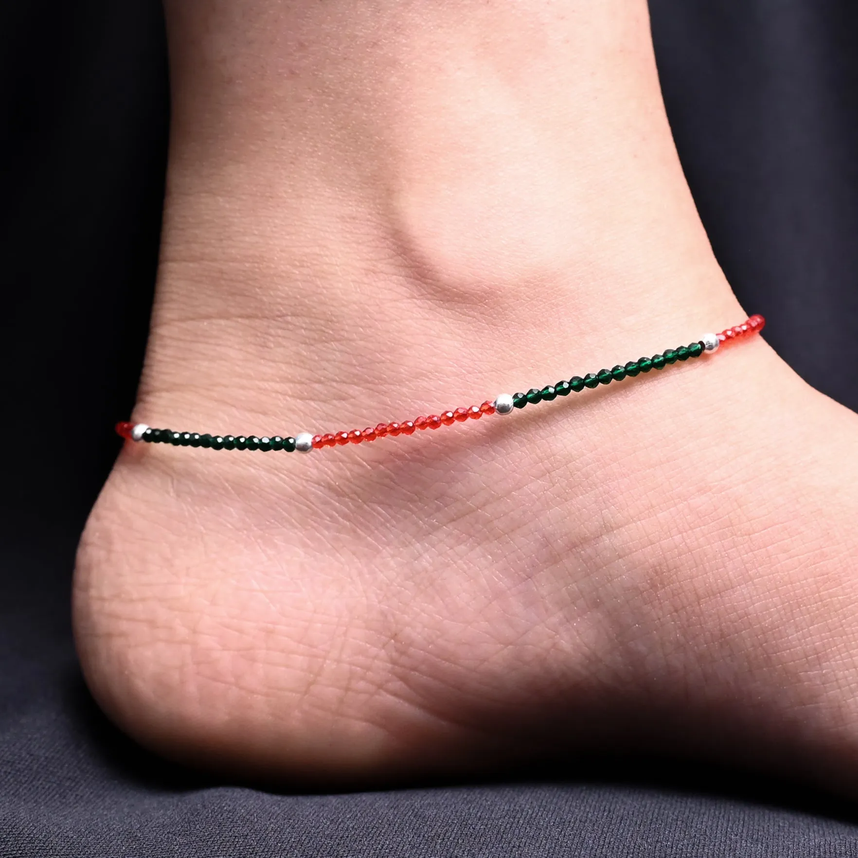 Silver Black &amp; Dark Green Beads Anklet