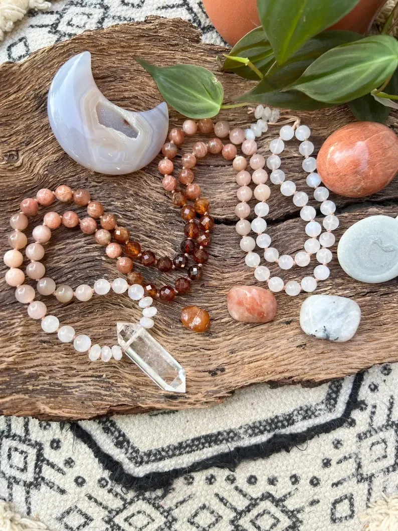 Spessartine Garnet, Sunstone, Moonstone Gemstone Mala Necklace