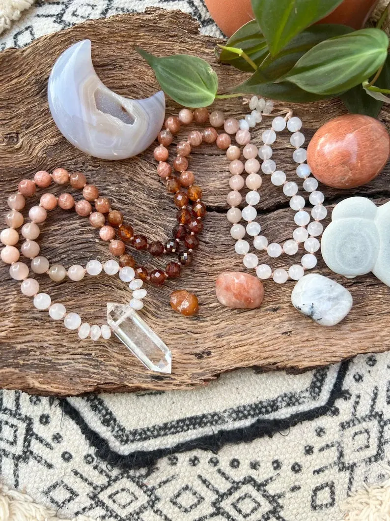 Spessartine Garnet, Sunstone, Moonstone Gemstone Mala Necklace