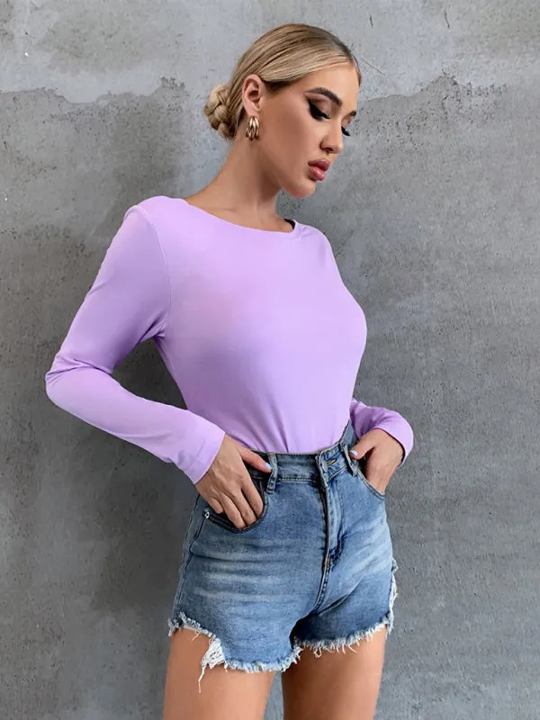 Women's Open Back Bottom Tie Long Sleeve Top