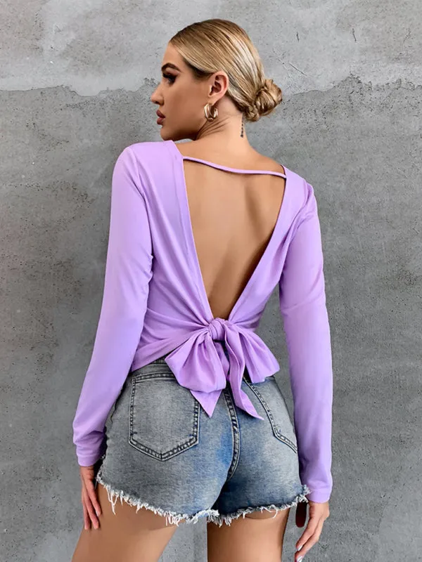 Women's Open Back Bottom Tie Long Sleeve Top